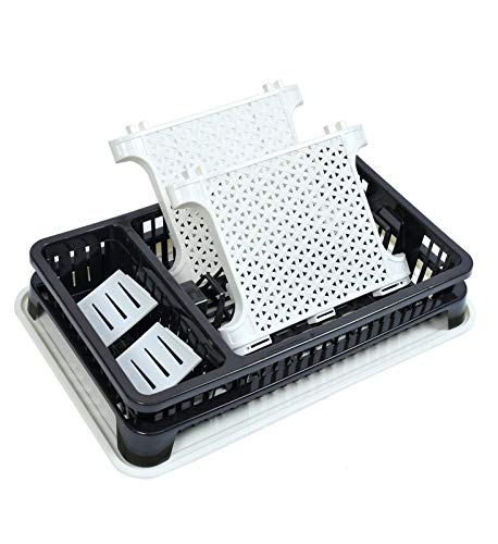 Compact kitchen dish organizer with tray. Compact kitchen dish organizer with tray.